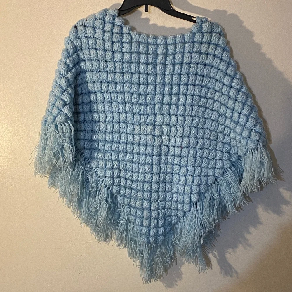 Cozy Light Blue Chunked Knit Fringe Poncho - Picture 2 of 2